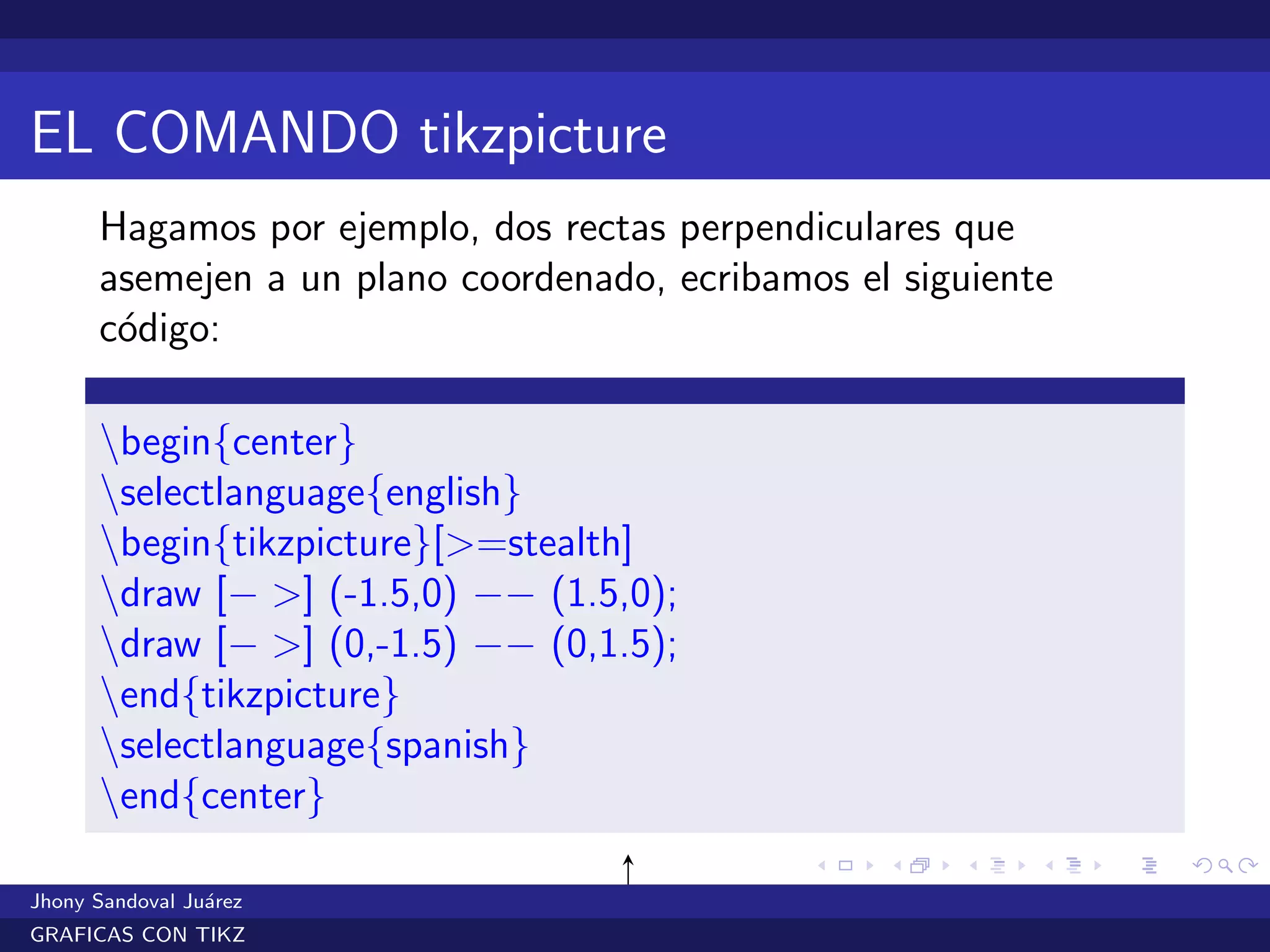 EL COMANDO tikzpicture
Hagamos por ejemplo, dos rectas perpendiculares que
asemejen a un plano coordenado, ecribamos el siguiente
c´odigo:
begin{center}
selectlanguage{english}
begin{tikzpicture}[>=stealth]
draw [− >] (-1.5,0) −− (1.5,0);
draw [− >] (0,-1.5) −− (0,1.5);
end{tikzpicture}
selectlanguage{spanish}
end{center}
Jhony Sandoval Ju´arez
GRAFICAS CON TIKZ
 