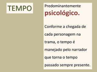 Predominantemente
TEMPO
        psicológico.
        Conforme a chegada de
        cada personagem na
        trama, o tempo é
        manejado pelo narrador
        que torna o tempo
        passado sempre presente.
 