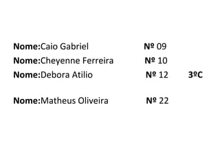 Nome:Caio Gabriel Nº 09
Nome:Cheyenne Ferreira Nº 10
Nome:Debora Atilio Nº 12 3ºC
Nome:Matheus Oliveira Nº 22
 