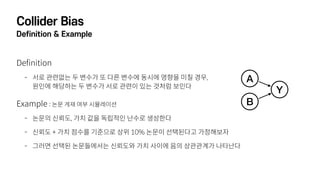 Collider Bias
Definition & Example
Definition
- 서로 관련없는 두 변수가 또 다른 변수에 동시에 영향을 미칠 경우,  
원인에 해당하는 두 변수가 서로 관련이 있는 것처럼 보인다
Example : 논문 게재 여부 시뮬레이션
- 논문의 신뢰도, 가치 값을 독립적인 난수로 생성한다
- 신뢰도 + 가치 점수를 기준으로 상위 10% 논문이 선택된다고 가정해보자
- 그러면 선택된 논문들에서는 신뢰도와 가치 사이에 음의 상관관계가 나타난다
A
B
Y
 