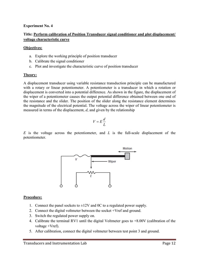 Transducer and instrumentation lab manual PDF