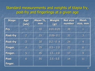 24
Standard measurements and weights of tilapia fry,
post-fry and fingerlings at a given age
Stage Age
(wk)
Mean TL,
mm
Weight
(g)
Net size
number
Mesh
size, mm
Fry 1 10 0.01-0.05 38 1
Post-fry 2 15 0.06- 0.1 32 3
Post-fry 3 20 0.2 - 0 .4 24 4
Finger. 4 25 0.5 – 1.0 22 6
Finger. 5 45 1.5 - 2.0 17 9
Post
finger.
6 55 2.5 –3.5 14 11
 