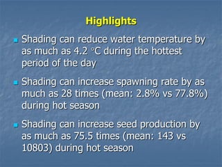 Highlights
 Shading can reduce water temperature by
as much as 4.2 C during the hottest
period of the day
 Shading can increase spawning rate by as
much as 28 times (mean: 2.8% vs 77.8%)
during hot season
 Shading can increase seed production by
as much as 75.5 times (mean: 143 vs
10803) during hot season
 