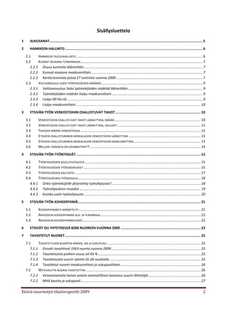 Sisällysluettelo
1      ALKUSANAT..................................................................................................................................................... 5
2      HANKKEEN HALLINTO ...................................................................................................................................... 6

    2.1     HANKKEEN TALOUSHALLINTO .................................................................................................................................... 6
    2.2     KUNNAT MUKANA TOIMINNASSA ............................................................................................................................... 7
       2.2.1 Osuus kunnista lääneittäin ........................................................................................................................... 7
       2.2.2 Kunnat mukana maakunnittain .................................................................................................................... 7
       2.2.3 Kartta kunnista joissa ET toiminta vuonna 2009 .......................................................................................... 7
    2.3     VALTIONOSUUS LISÄSI TYÖNTEKIJÖIDEN MÄÄRÄÄ .......................................................................................................... 9
       2.3.1 Valtionavustus lisäsi työntekijöiden määrää lääneittäin .............................................................................. 9
       2.3.2 Työntekijöiden määrän lisäys maakunnittain ............................................................................................... 9
       2.3.3 Lisäys 90 htv:tä ............................................................................................................................................. 9
       2.3.4 Lisäys maakunnittain .................................................................................................................................. 10
3      ETSIVÄN TYÖN VERKOSTOIHIN OSALLISTUVAT TAHOT ................................................................................... 10
    3.1        VERKOSTOIHIN OSALLISTUVAT TAHOT LÄÄNEITTÄIN, MÄÄRÄ ......................................................................................... 10
    3.2        VERKOSTOIHIN OSALLISTUVAT TAHOT LÄÄNEITTÄIN, OSUUDET ....................................................................................... 11
    3.3        TAHOJEN MÄÄRÄ VERKOSTOISSA ............................................................................................................................. 12
    3.4        ETSIVIEN OSALLISTUMINEN MONIALAISIIN VERKOSTOIHIN LÄÄNEITTÄIN ........................................................................... 13
    3.5        ETSIVIEN OSALLISTUMINEN MONIALAISIIN VERKOSTOIHIN MAAKUNNITTAIN ...................................................................... 13
    3.6        MILLOIN TOIMINTA ON KÄYNNISTYNYT?.................................................................................................................... 14

4      ETSIVÄN TYÖN TYÖNTEKIJÄT ......................................................................................................................... 15

    4.1     TYÖNTEKIJÖIDEN KOULUTUSTAUSTA ......................................................................................................................... 15
    4.2     TYÖNTEKIJÖIDEN TYÖKOKEMUKSET .......................................................................................................................... 15
    4.3     TYÖNTEKIJÖIDEN KIELITAITO ................................................................................................................................... 17
    4.4     TYÖNTEKIJÖIDEN TYÖNOHJAUS................................................................................................................................ 18
       4.4.1 Onko työntekijöille järjestetty työnohjausta? ............................................................................................. 18
       4.4.2 Työnohjauksen muodot .............................................................................................................................. 19
       4.4.3 Kuinka usein työnohjausta .......................................................................................................................... 20

5      ETSIVÄN TYÖN KOHDERYHMÄ ....................................................................................................................... 21
    5.1        KOHDERYHMÄÄ EI MÄÄRITELTY ............................................................................................................................... 21
    5.2        ARVIOIDUN KOHDERYHMÄN ALA- JA YLÄIKÄRAJA......................................................................................................... 22
    5.3        ARVIOIDUN KOHDERYHMÄN KOKO ........................................................................................................................... 22
6      ETSIVÄT OLI YHTEYDESSÄ 8200 NUOREEN VUONNA 2009 .............................................................................. 23
7      TAVOITETUT NUORET .................................................................................................................................... 25
    7.1     TAVOITETTUJEN NUORTEN MÄÄRÄ, IKÄ JA SUKUPUOLI ................................................................................................. 25
       7.1.1 Etsivät tavoittivat 3363 nuorta vuonna 2009 ............................................................................................. 25
       7.1.2 Tavoitetuista poikien osuus oli 64 % ........................................................................................................... 25
       7.1.3 Tavoitetuista suurin ryhmä 16-20-vuoitaita ............................................................................................... 25
       7.1.4 Tavoitetut nuoret maakunnittain ja sukupuolittain.................................................................................... 26
    7.2     MITÄ KAUTTA NUORIA TAVOITETTIIN ........................................................................................................................ 26
       7.2.1 Viranomaisista toisen asteen ammatillinen koulutus suurin lähettäjä ....................................................... 26
       7.2.2 Mitä kautta ja sukupuoli ............................................................................................................................. 27

Etsivä nuorisotyö tilastoraportti 2009                                                                                                                                    2
 