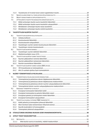 7.2.3 Tavoitetuista 15 % tulivat toisen asteen oppilaitoksen kautta ................................................................... 28
     7.3     NAISISTA SUURIN RYHMÄ TULI TOISEN ASTEEN OPPILAITOKSEN KAUTTA ........................................................................... 28
     7.4     MIEHET SOSIAALITOIMEN JA OPPILAITOKSEN KAUTTA ................................................................................................... 29
     7.5     27 % NUORISTA TAVOITETTIIN SOSIAALISTEN VERKOSTOJEN KAUTTA ............................................................................... 29
        7.5.1 Mitkä verkostojen kautta nuoria tavoitettiin lääneittäin ........................................................................... 29
        7.5.2 Mitkä verkostojen kautta nuoria tavoitettiin sukupuolittain ...................................................................... 29
        7.5.3 Minkälaisten verkostojen kautta naisia tavoitettiin ................................................................................... 30
        7.5.4 Minkälaisten verkostojen kautta miehiä tavoitettiin .................................................................................. 30
8        TAVOITETTUJEN NUORTEN TAUSTAT ............................................................................................................. 31
     8.1     TAVOITETTUJEN NUORTEN KOULUTUSTAUSTAT ........................................................................................................... 31
        8.1.1 Valtakunnallisesti ........................................................................................................................................ 31
        8.1.2 Koulutustaustat lääneittäin ........................................................................................................................ 31
        8.1.3 Koulutustaustat sukupuolittain................................................................................................................... 33
        8.1.4 Tavoitettujen nuorten naisten koulutustausta lääneittäin ......................................................................... 34
        8.1.5 Tavoitettujen miesten koulutustausta ........................................................................................................ 36
     8.2     TAVOITETTUJEN NUORTEN ÄIDINKIELI ....................................................................................................................... 37
        8.2.1 Tavoitettujen nuorten äidinkieli lääneittäin ............................................................................................... 37
        8.2.2 Maahanmuuttajien osuus 10 % .................................................................................................................. 38
     8.3     TAVOITETTUJEN NUORTEN TILANNE TAVOITETTAESSA .................................................................................................. 38
        8.3.1 Nuorten pääasiallinen toiminta lääneittäin................................................................................................ 38
        8.3.2 Nuorten pääasiallinen toimeentulo lääneittäin .......................................................................................... 39
        8.3.3 Nuorten asumistilanne lääneittäin ............................................................................................................. 40
     8.4     TAVOITETTUJEN NUORTEN TILANNE VUODEN 2009 LOPUSSA ........................................................................................ 42
        8.4.1 70 % tavoitetuista on toimenpiteissä.......................................................................................................... 42
        8.4.2 Alle 15-vuotiaat sijoittuu hyvin toimenpiteisiin .......................................................................................... 42

9        NUORET TOIMENPITEISSÄ JA PALVELUISSA.................................................................................................... 43

     9.1     TOIMENPITEISSÄ JA PALVELUISSA OLEVIEN IKÄJAKAUTUMA............................................................................................ 43
        9.1.1 Toimenpiteissä ja palveluissa olevien ikäjakautuma lääneittäin ................................................................ 43
        9.1.2 Toimenpiteissä ja palveluissa olevien ikäjakautuma maakunnittain.......................................................... 43
        9.1.3 Toimenpiteissä ja palveluissa olevien nuorten sukupuolijakautuma lääneittäin........................................ 44
        9.1.4 Toimenpiteissä olevien nuorten sukupuolijakautuma maakunnittain ........................................................ 45
     9.2     ENSISIJAISET TOIMENPITEET JA PALVELUT .................................................................................................................. 47
        9.2.1 Ensisijaiset toimenpiteet lääneittäin kaikki ................................................................................................ 47
        9.2.2 Ensisijaiset toimenpiteet ja palvelut lääneittäin naiset .............................................................................. 49
        9.2.3 Ensisijaiset palvelut ja toimenpiteet miehet lääneittäin ............................................................................. 51
        9.2.4 Ensisijaiset toimenpiteet sukupuolittain ..................................................................................................... 53
     9.3     TAVOITETUILLE NUORILLE YHTEENSÄ 7880 TOIMENPIDETTÄ ......................................................................................... 55
        9.3.1 Kaikki palvelut ja toimenpiteet yhteensä lääneittäin ................................................................................. 55
        9.3.2 Moni tarvitsee tukea toimeentuloon liittyvissä asioissa ............................................................................. 56
        9.3.3 Nuorille keskimäärin 3,4 toimenpidettä ..................................................................................................... 57
        9.3.4 Toimenpiteet yhteensä sukupuolittain ....................................................................................................... 58
10       ETSIVILLÄ OMAN ARVIONSA MUKAAN 32500 VIRANOMAISKONTAKTIA......................................................... 60

11       JOTKUT TIEDOT MAAKUNNITTAIN ................................................................................................................. 61
     11.1   MITÄ KAUTTA ...................................................................................................................................................... 61
       11.1.1    Mitä kautta nuoria on tavoitettu, määrät maakunnittain ..................................................................... 61

Etsivä nuorisotyö tilastoraportti 2009                                                                                                                                        3
 