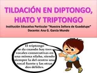 TILDACIÓN EN DIPTONGO,
HIATO Y TRIPTONGO
Institución Educativa Particular “Nuestra Señora de Guadalupe”
Docente: Ana G. García Mundo
 