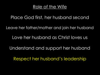 Role of the Wife
Place God first, her husband second
Leave her father/mother and join her husband
Love her husband as Christ loves us
Understand and support her husband
Respect her husband’s leadership
 