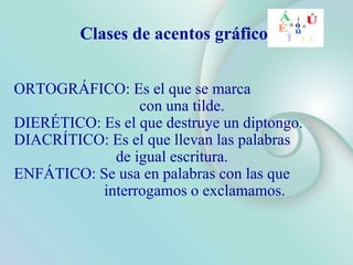 Clases de acentos gráficos
ORTOGRÁFICO: Es el que se marca
con una tilde.
DIERÉTICO: Es el que destruye un diptongo.
DIACRÍTICO: Es el que llevan las palabras
de igual escritura.
ENFÁTICO: Se usa en palabras con las que
interrogamos o exclamamos.
 