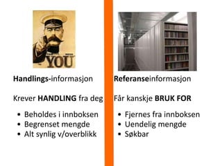 Handlings-informasjon
Krever HANDLING fra deg
• Beholdes i innboksen
• Begrenset mengde
• Alt synlig v/overblikk
Referanseinformasjon
Får kanskje BRUK FOR
• Fjernes fra innboksen
• Uendelig mengde
• Søkbar
MAIL
 