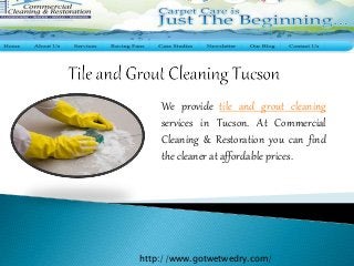 We provide tile and grout cleaning
services in Tucson. At Commercial
Cleaning & Restoration you can find
the cleaner at affordable prices.
http://www.gotwetwedry.com/
 