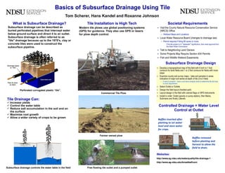 Basics of Subsurface Drainage Using Tile
                                                               Tom Scherer, Hans Kandel and Roxanne Johnson
     What is Subsurface Drainage?                                         Tile Installation is High Tech                           Societal Requirements
 Subsurface drainage can be described as                             Modern tile plows use global positioning systems
 buried perforated pipelines that intercept water                    (GPS) for guidance. They also use GPS or lasers
 below ground surface and direct it to an outlet.                    for plow depth control.
 Subsurface drainage is often referred to as
 "tile" drainage because up to the 1970's, clay or
 concrete tiles were used to construct the
 subsurface pipeline.




                                                                                                                                 Subsurface Drainage Design




                       Perforated corrugated plastic “tile”.
                                                                                      Commercial Tile Plow

Tile Drainage Can:
 Increase yields
 Control the water table                                                                                                 Controlled Drainage = Water Level
 Reduce salt accumulation in the soil and on
  the surface                                                                                                                      Control at Outlet
 Maximize root growth
 Allow a wider variety of crops to be grown
                                                                                                                          Baffles inserted after
                                                                                                                          planting to set water
                                                                                                                          level and store water
                                                                                                                          for crops.

                                                                                    Farmer owned plow
                                                                                                                                                          Baffles removed
                                                                                                                                                          before planting and
                                                                                                                                                          harvest to allow the
                                                                                                                                                          field to drain.

                                                                                                                         Websites:
                                                                                                                         http://www.ag.ndsu.edu/waterquality/tile-drainage-1
       Undrained Condition              Drained Condition                                                                http://www.ag.ndsu.edu/broadleaf/corn

Subsurface drainage controls the water table in the field                 Free flowing tile outlet and a pumped outlet
 