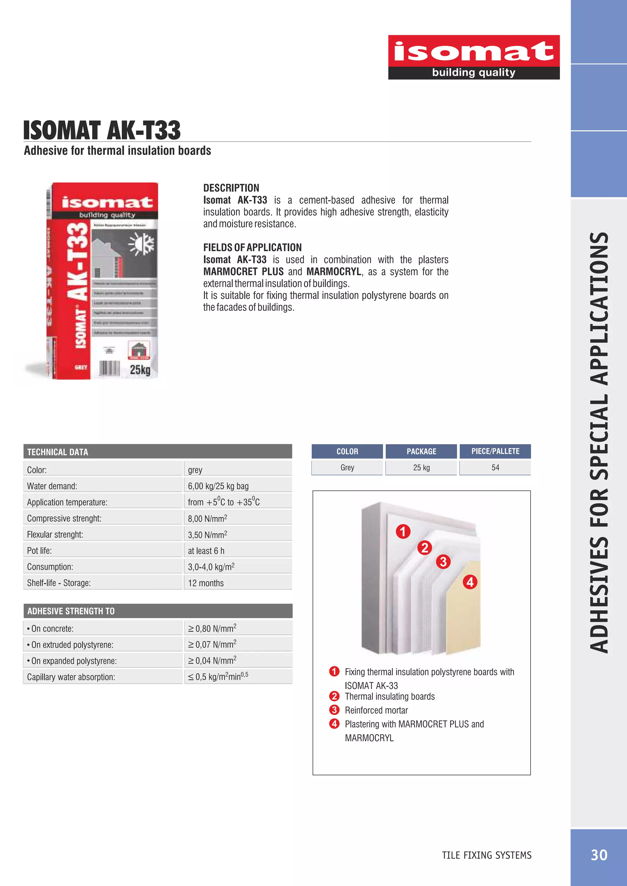 ISOMAT AK-T33

Adhesive for thermal insulation boards

FIELDS OF APPLICATION
Isomat AK-T33 is used in combination with the plasters
MARMOCRET PLUS and MARMOCRYL, as a system for the
external thermal insulation of buildings.
It is suitable for fixing thermal insulation polystyrene boards on
the facades of buildings.

COLOR

Color:

grey

Water demand:

3,50 N/mm2

Pot life:

at least 6 h

Consumption:

3,0-4,0 kg/m2

Shelf-life - Storage:

54

8,00 N/mm2

Flexular strenght:

25 kg

from +5 C to +35 C

Compressive strenght:

PIECE/PALLETE

6,00 kg/25 kg bag

Application temperature:

PACKAGE

Grey

TECHNICAL DATA

12 months

0

0

ADHESIVE STRENGTH TO

On concrete:

_
> 0,80 N/mm2

On extruded polystyrene:

_
> 0,07 N/mm2

On expanded polystyrene:

_
> 0,04 N/mm2

Capillary water absorption:

_
> 0,5 kg/m2min0,5

ADHESIVES FOR SPECIAL APPLICATIONS

DESCRIPTION
Isomat AK-T33 is a cement-based adhesive for thermal
insulation boards. It provides high adhesive strength, elasticity
and moisture resistance.

Fixing thermal insulation polystyrene boards with
ISOMAT AK-33
Thermal insulating boards
Reinforced mortar
Plastering with MARMOCRET PLUS and
MARMOCRYL

TILE FIXING SYSTEMS

30

 