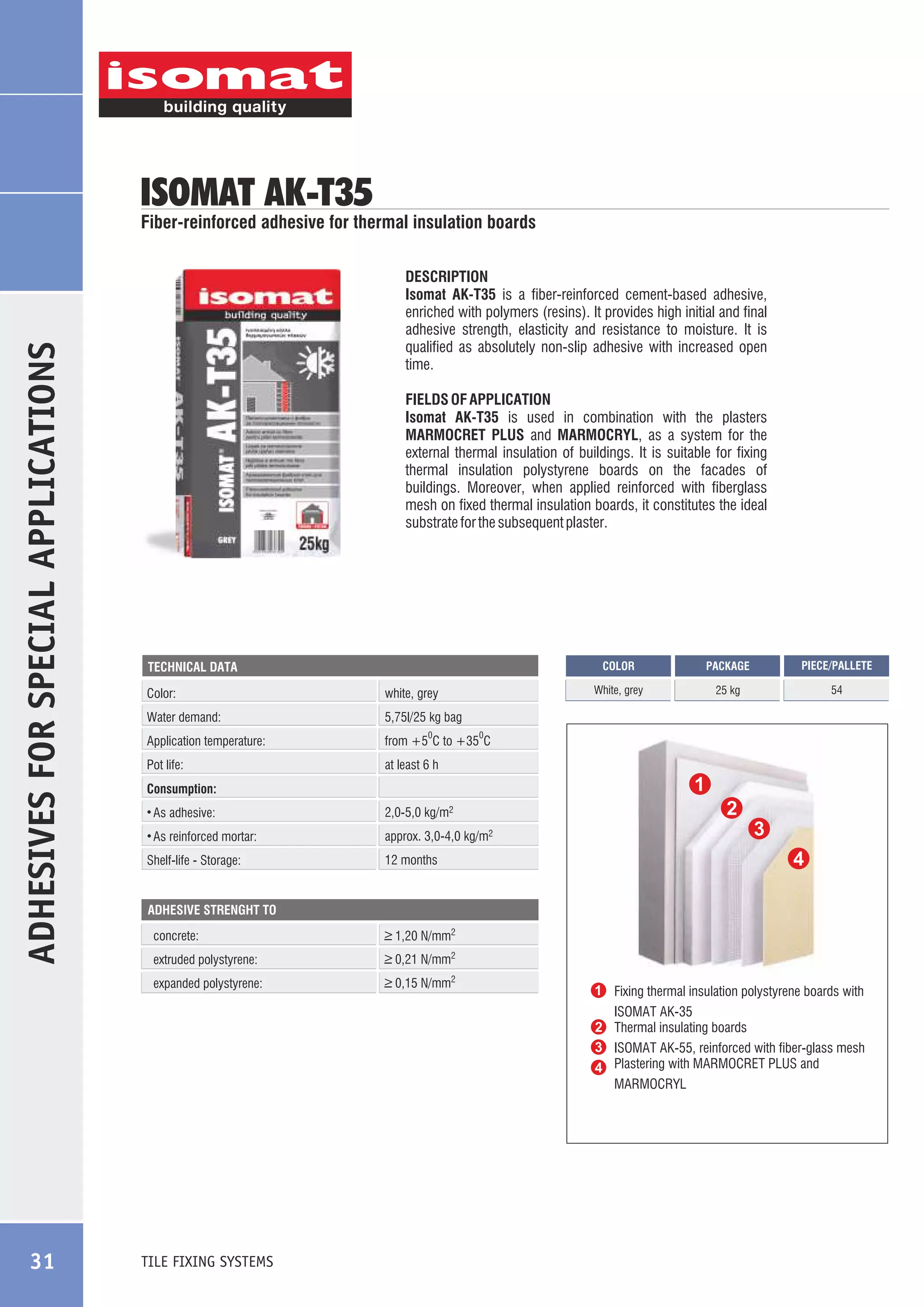ISOMAT AK-T35

ADHESIVES FOR SPECIAL APPLICATIONS

Fiber-reinforced adhesive for thermal insulation boards
DESCRIPTION
Isomat AK-T35 is a fiber-reinforced cement-based adhesive,
enriched with polymers (resins). It provides high initial and final
adhesive strength, elasticity and resistance to moisture. It is
qualified as absolutely non-slip adhesive with increased open
time.
FIELDS OF APPLICATION
Isomat AK-T35 is used in combination with the plasters
MARMOCRET PLUS and MARMOCRYL, as a system for the
external thermal insulation of buildings. It is suitable for fixing
thermal insulation polystyrene boards on the facades of
buildings. Moreover, when applied reinforced with fiberglass
mesh on fixed thermal insulation boards, it constitutes the ideal
substrate for the subsequent plaster.

COLOR

Color:

white, grey

Water demand:

54

at least 6 h

0

0

Consumption:
As adhesive:

2,0-5,0 kg/m2

As reinforced mortar:

approx. 3,0-4,0 kg/m2

Shelf-life - Storage:

12 months

ADHESIVE STRENGHT TO

concrete:

_
> 1,20 N/mm2

extruded polystyrene:

_
> 0,21 N/mm2

expanded polystyrene:

31

25 kg

from +5 C to +35 C

Pot life:

PIECE/PALLETE

5,75l/25 kg bag

Application temperature:

PACKAGE

White, grey

TECHNICAL DATA

_
> 0,15 N/mm2

TILE FIXING SYSTEMS

Fixing thermal insulation polystyrene boards with
ISOMAT AK-35
Thermal insulating boards
ISOMAT AK-55, reinforced with fiber-glass mesh
Plastering with MARMOCRET PLUS and
MARMOCRYL

 