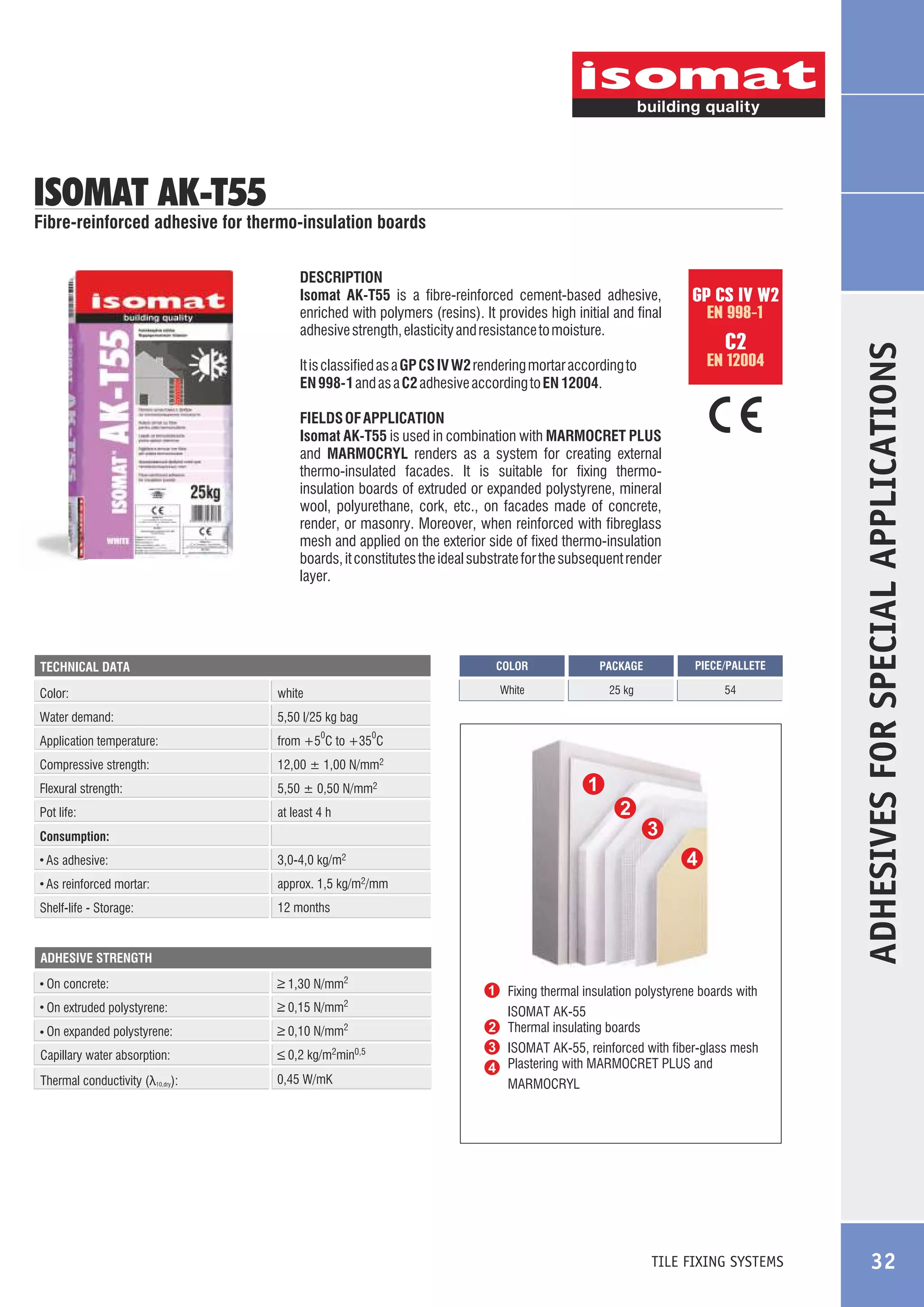 ISOMAT AK-T55

Fibre-reinforced adhesive for thermo-insulation boards

GP CS IV W2
EN 998-1

C2

EN 12004

It is classified as a GP CS IV W2 rendering mortar according to
EN 998-1 and as a C2 adhesive according to EN 12004.
FIELDS OF APPLICATION
Isomat AK-T55 is used in combination with MARMOCRET PLUS
and MARMOCRYL renders as a system for creating external
thermo-insulated facades. It is suitable for fixing thermoinsulation boards of extruded or expanded polystyrene, mineral
wool, polyurethane, cork, etc., on facades made of concrete,
render, or masonry. Moreover, when reinforced with fibreglass
mesh and applied on the exterior side of fixed thermo-insulation
boards, it constitutes the ideal substrate for the subsequent render
layer.

COLOR

Color:

white

Water demand:

5,50 ± 0,50 N/mm2

Pot life:

54

12,00 ± 1,00 N/mm2

Flexural strength:

25 kg

from +5 C to +35 C

Compressive strength:

PIECE/PALLETE

5,50 l/25 kg bag

Application temperature:

PACKAGE

White

TECHNICAL DATA

at least 4 h

0

0

Consumption:
As adhesive:

3,0-4,0 kg/m2

As reinforced mortar:

approx. 1,5 kg/m2/mm

Shelf-life - Storage:

12 months

ADHESIVE STRENGTH

On concrete:

_
> 1,30 N/mm2

On extruded polystyrene:

_
> 0,15 N/mm2

On expanded polystyrene:

_
> 0,10 N/mm2

Capillary water absorption:

_
> 0,2 kg/m2min0,5

Thermal conductivity (λ10,dry):

0,45 W/mK

ADHESIVES FOR SPECIAL APPLICATIONS

DESCRIPTION
Isomat AK-T55 is a fibre-reinforced cement-based adhesive,
enriched with polymers (resins). It provides high initial and final
adhesive strength, elasticity and resistance to moisture.

Fixing thermal insulation polystyrene boards with
ISOMAT AK-55
Thermal insulating boards
ISOMAT AK-55, reinforced with fiber-glass mesh
Plastering with MARMOCRET PLUS and
MARMOCRYL

TILE FIXING SYSTEMS

32

 