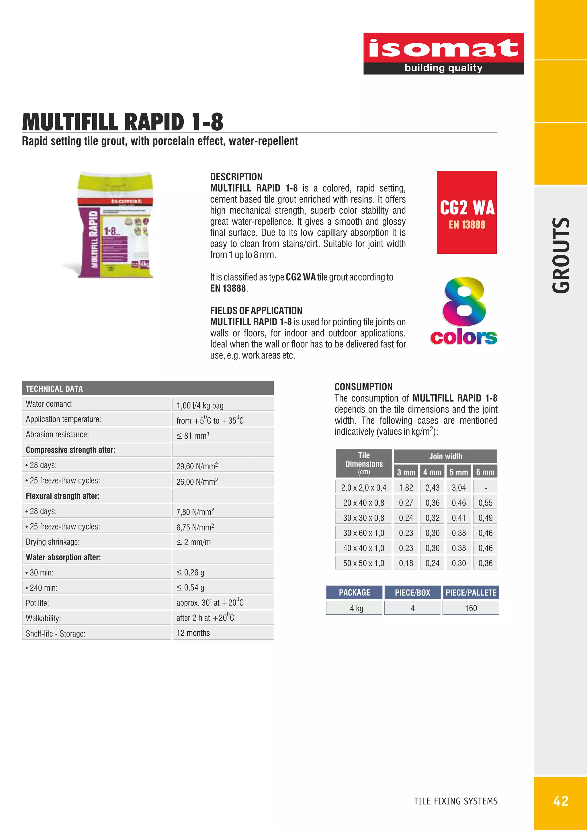 MULTIFILL RAPID 1-8

DESCRIPTION
MULTIFILL RAPID 1-8 is a colored, rapid setting,
cement based tile grout enriched with resins. It offers
high mechanical strength, superb color stability and
great water-repellence. It gives a smooth and glossy
final surface. Due to its low capillary absorption it is
easy to clean from stains/dirt. Suitable for joint width
from 1 up to 8 mm.

CG2 WA
EN 13888

It is classified as type CG2 WA tile grout according to
EN 13888.

8

FIELDS OF APPLICATION
MULTIFILL RAPID 1-8 is used for pointing tile joints on
walls or floors, for indoor and outdoor applications.
Ideal when the wall or floor has to be delivered fast for
use, e.g. work areas etc.
TECHNICAL DATA

Water demand:

1,00 l/4 kg bag

Application temperature:

from +5 C to +35 C

Abrasion resistance:

_
> 81 mm3

0

0

Compressive strength after:
28 days:
25 freeze-thaw cycles:

26,00 N/mm2

CONSUMPTION
The consumption of MULTIFILL RAPID 1-8
depends on the tile dimensions and the joint
width. The following cases are mentioned
indicatively (values in kg/m2):

(cm)

Join width
3 mm 4 mm 5 mm 6 mm

2,0 x 2,0 x 0,4

28 days:
25 freeze-thaw cycles:

30 min:

_
> 0,26 g

240 min:

_
> 0,54 g
0

Pot life:

approx. 30' at +20 C

Walkability:

0,36

0,46

0,55

0,24

0,32

0,41

0,49

0,23

0,30

0,38

0,46

0,23

0,30

0,38

0,46

0,18

0,24

0,30

0,36

PACKAGE

PIECE/BOX

PIECE/PALLETE

4 kg

4

160

after 2 h at +20 C

Shelf-life - Storage:

0,27

50 x 50 x 1,0

Water absorption after:

-

40 x 40 x 1,0

_
> 2 mm/m

3,04

30 x 60 x 1,0

6,75 N/mm2

2,43

30 x 30 x 0,8

7,80 N/mm2

1,82

20 x 40 x 0,8

Flexural strength after:

Drying shrinkage:

colors

Tile
Dimensions

29,60 N/mm2

GROUTS

Rapid setting tile grout, with porcelain effect, water-repellent

12 months

0

TILE FIXING SYSTEMS

42

 