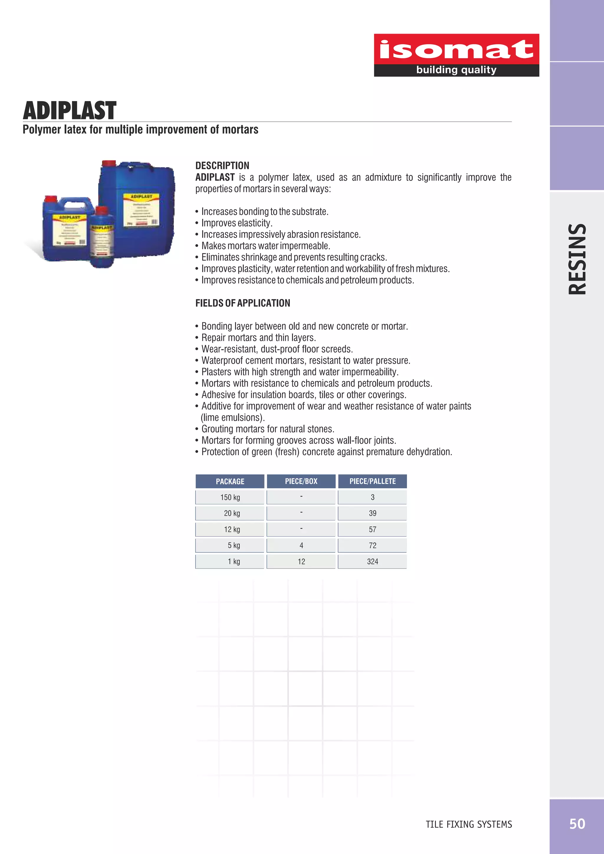 ADIPLAST

Polymer latex for multiple improvement of mortars

!
!
!
!
!
!
!

Increases bonding to the substrate.
Improves elasticity.
Increases impressively abrasion resistance.
Makes mortars water impermeable.
Eliminates shrinkage and prevents resulting cracks.
Improves plasticity, water retention and workability of fresh mixtures.
Improves resistance to chemicals and petroleum products.

RESINS

DESCRIPTION
ADIPLAST is a polymer latex, used as an admixture to significantly improve the
properties of mortars in several ways:

FIELDS OF APPLICATION
Bonding layer between old and new concrete or mortar.
Repair mortars and thin layers.
Wear-resistant, dust-proof floor screeds.
Waterproof cement mortars, resistant to water pressure.
Plasters with high strength and water impermeability.
Mortars with resistance to chemicals and petroleum products.
Adhesive for insulation boards, tiles or other coverings.
Additive for improvement of wear and weather resistance of water paints
(lime emulsions).
! Grouting mortars for natural stones.
! Mortars for forming grooves across wall-floor joints.
! Protection of green (fresh) concrete against premature dehydration.
!
!
!
!
!
!
!
!

PACKAGE

PIECE/BOX

PIECE/PALLETE

150 kg

-

3

20 kg

-

39

12 kg

-

57

5 kg

4

72

1 kg

12

324

TILE FIXING SYSTEMS

50

 