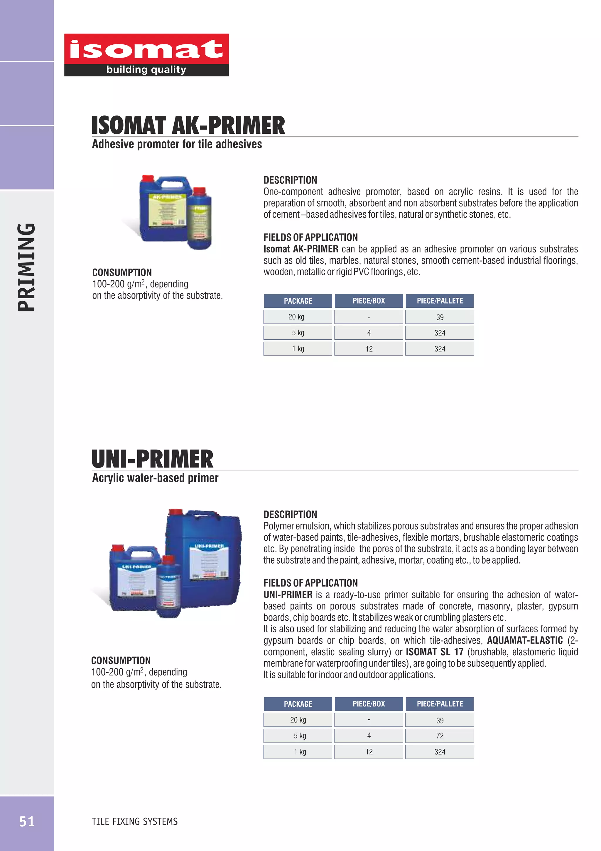 ISOMAT AK-PRIMER
Adhesive promoter for tile adhesives

PRIMING

DESCRIPTION
One-component adhesive promoter, based on acrylic resins. It is used for the
preparation of smooth, absorbent and non absorbent substrates before the application
of cement –based adhesives for tiles, natural or synthetic stones, etc.

CONSUMPTION
100-200 g/m2 , depending
on the absorptivity of the substrate.

FIELDS OF APPLICATION
Isomat AK-PRIMER can be applied as an adhesive promoter on various substrates
such as old tiles, marbles, natural stones, smooth cement-based industrial floorings,
wooden, metallic or rigid PVC floorings, etc.
PACKAGE

PIECE/BOX

20 kg

PIECE/PALLETE

-

39

5 kg

4

324

1 kg

12

324

UNI-PRIMER

Acrylic water-based primer
DESCRIPTION
Polymer emulsion, which stabilizes porous substrates and ensures the proper adhesion
of water-based paints, tile-adhesives, flexible mortars, brushable elastomeric coatings
etc. By penetrating inside the pores of the substrate, it acts as a bonding layer between
the substrate and the paint, adhesive, mortar, coating etc., to be applied.

CONSUMPTION
100-200 g/m2 , depending
on the absorptivity of the substrate.

FIELDS OF APPLICATION
UNI-PRIMER is a ready-to-use primer suitable for ensuring the adhesion of waterbased paints on porous substrates made of concrete, masonry, plaster, gypsum
boards, chip boards etc. It stabilizes weak or crumbling plasters etc.
It is also used for stabilizing and reducing the water absorption of surfaces formed by
gypsum boards or chip boards, on which tile-adhesives, AQUAMAT-ELASTIC (2component, elastic sealing slurry) or ISOMAT SL 17 (brushable, elastomeric liquid
membrane for waterproofing under tiles), are going to be subsequently applied.
It is suitable for indoor and outdoor applications.
PACKAGE

-

39

5 kg

4

72

1 kg

TILE FIXING SYSTEMS

PIECE/PALLETE

20 kg

51

PIECE/BOX

12

324

 