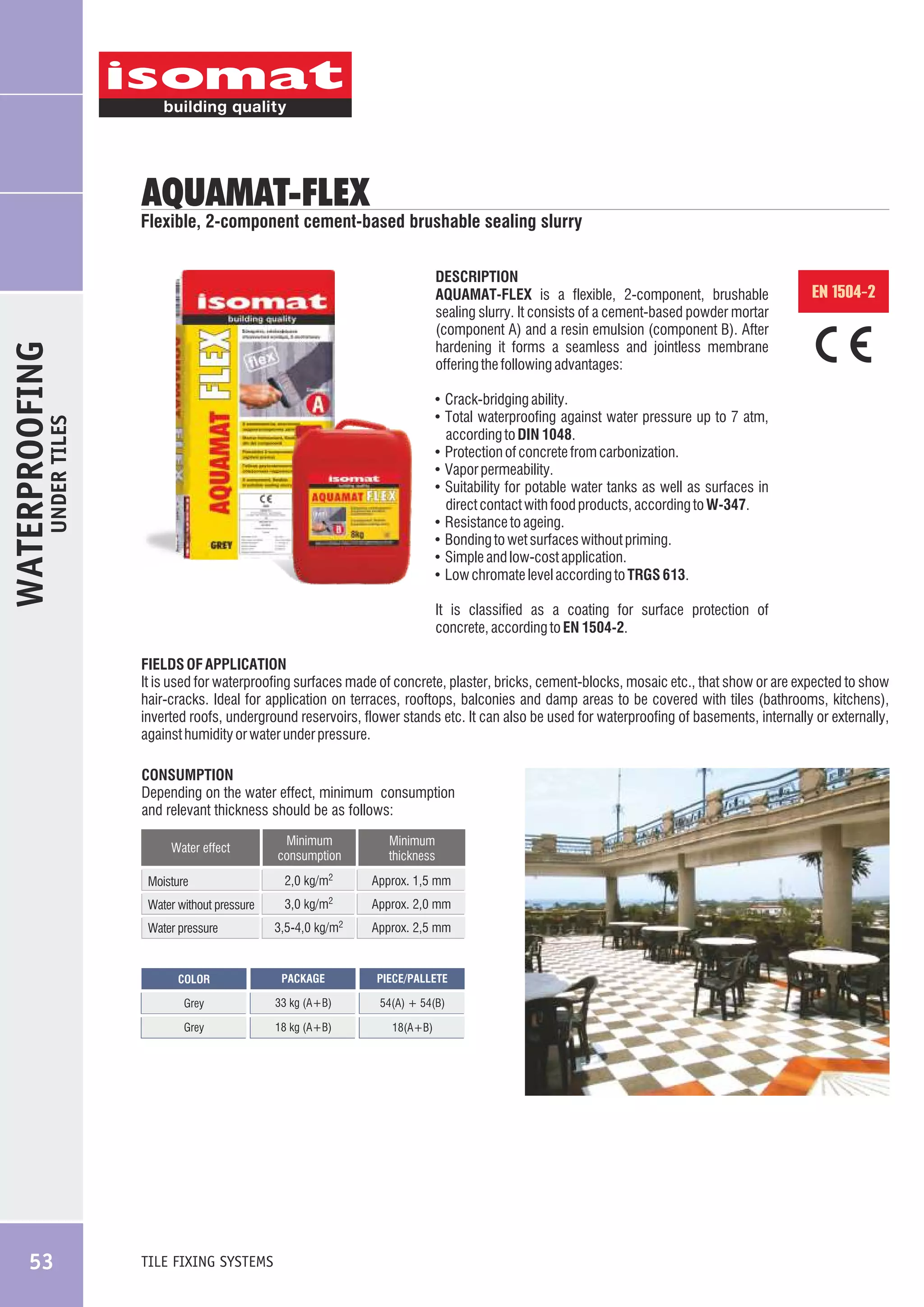 AQUAMAT-FLEX

Flexible, 2-component cement-based brushable sealing slurry

WATERPROOFING

DESCRIPTION
AQUAMAT-FLEX is a flexible, 2-component, brushable
sealing slurry. It consists of a cement-based powder mortar
(component A) and a resin emulsion (component B). After
hardening it forms a seamless and jointless membrane
offering the following advantages:

EN 1504-2

UNDER TILES

! Crack-bridging ability.
! Total waterproofing against water pressure up to 7 atm,

according to DIN 1048.
! Protection of concrete from carbonization.
! Vapor permeability.
! Suitability for potable water tanks as well as surfaces in
!
!
!
!

direct contact with food products, according to W-347.
Resistance to ageing.
Bonding to wet surfaces without priming.
Simple and low-cost application.
Low chromate level according to TRGS 613.

It is classified as a coating for surface protection of
concrete, according to EN 1504-2.
FIELDS OF APPLICATION
It is used for waterproofing surfaces made of concrete, plaster, bricks, cement-blocks, mosaic etc., that show or are expected to show
hair-cracks. Ideal for application on terraces, rooftops, balconies and damp areas to be covered with tiles (bathrooms, kitchens),
inverted roofs, underground reservoirs, flower stands etc. It can also be used for waterproofing of basements, internally or externally,
against humidity or water under pressure.
CONSUMPTION
Depending on the water effect, minimum consumption
and relevant thickness should be as follows:
Water effect
Moisture
Water without pressure
Water pressure

Minimum
consumption

Minimum
thickness

2,0 kg/m2

Approx. 1,5 mm

2

Approx. 2,0 mm

kg/m2

Approx. 2,5 mm

3,0 kg/m
3,5-4,0

COLOR

PIECE/PALLETE

Grey

33 kg (A+B)

54(A) + 54(B)

Grey

53

PACKAGE

18 kg (A+B)

18(A+B)

TILE FIXING SYSTEMS

 