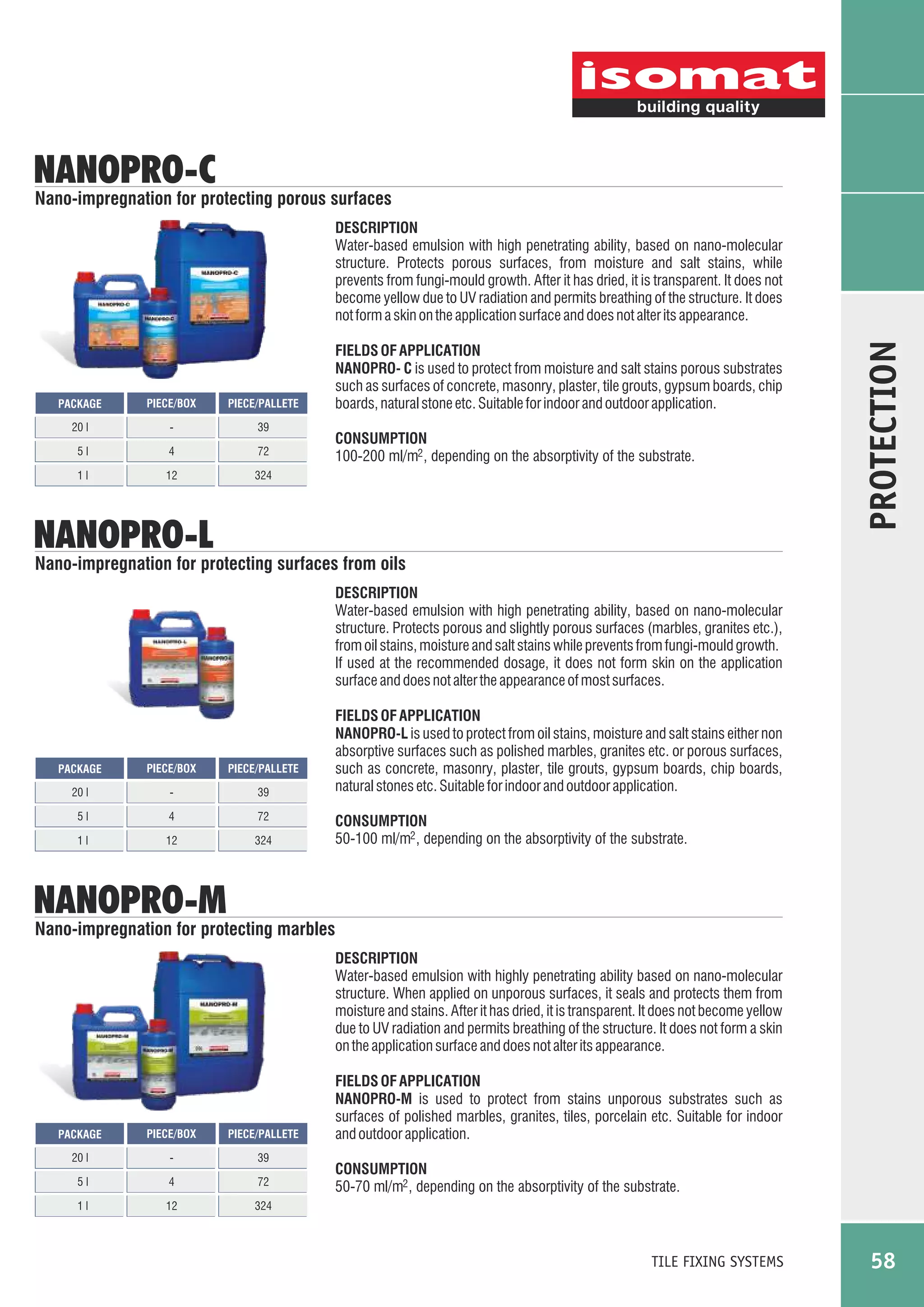 NANOPRO-C

Nano-impregnation for protecting porous surfaces

PACKAGE

PIECE/BOX

PIECE/PALLETE

20 l

-

39

5l

4

72

1l

12

FIELDS OF APPLICATION
NANOPRO- C is used to protect from moisture and salt stains porous substrates
such as surfaces of concrete, masonry, plaster, tile grouts, gypsum boards, chip
boards, natural stone etc. Suitable for indoor and outdoor application.

324

CONSUMPTION
100-200 ml/m2 , depending on the absorptivity of the substrate.

NANOPRO-L

PROTECTION

DESCRIPTION
Water-based emulsion with high penetrating ability, based on nano-molecular
structure. Protects porous surfaces, from moisture and salt stains, while
prevents from fungi-mould growth. After it has dried, it is transparent. It does not
become yellow due to UV radiation and permits breathing of the structure. It does
not form a skin on the application surface and does not alter its appearance.

Nano-impregnation for protecting surfaces from oils
DESCRIPTION
Water-based emulsion with high penetrating ability, based on nano-molecular
structure. Protects porous and slightly porous surfaces (marbles, granites etc.),
from oil stains, moisture and salt stains while prevents from fungi-mould growth.
If used at the recommended dosage, it does not form skin on the application
surface and does not alter the appearance of most surfaces.

PACKAGE

PIECE/BOX

PIECE/PALLETE

20 l

-

39

5l

4

72

1l

12

324

FIELDS OF APPLICATION
NANOPRO-L is used to protect from oil stains, moisture and salt stains either non
absorptive surfaces such as polished marbles, granites etc. or porous surfaces,
such as concrete, masonry, plaster, tile grouts, gypsum boards, chip boards,
natural stones etc. Suitable for indoor and outdoor application.
CONSUMPTION
50-100 ml/m2 , depending on the absorptivity of the substrate.

NANOPRO-M

Nano-impregnation for protecting marbles
DESCRIPTION
Water-based emulsion with highly penetrating ability based on nano-molecular
structure. When applied on unporous surfaces, it seals and protects them from
moisture and stains. After it has dried, it is transparent. It does not become yellow
due to UV radiation and permits breathing of the structure. It does not form a skin
on the application surface and does not alter its appearance.

PIECE/BOX

PIECE/PALLETE

20 l

-

39

5l

4

72

1l

12

FIELDS OF APPLICATION
NANOPRO-M is used to protect from stains unporous substrates such as
surfaces of polished marbles, granites, tiles, porcelain etc. Suitable for indoor
and outdoor application.

324

PACKAGE

CONSUMPTION
50-70 ml/m2 , depending on the absorptivity of the substrate.

TILE FIXING SYSTEMS

58

 