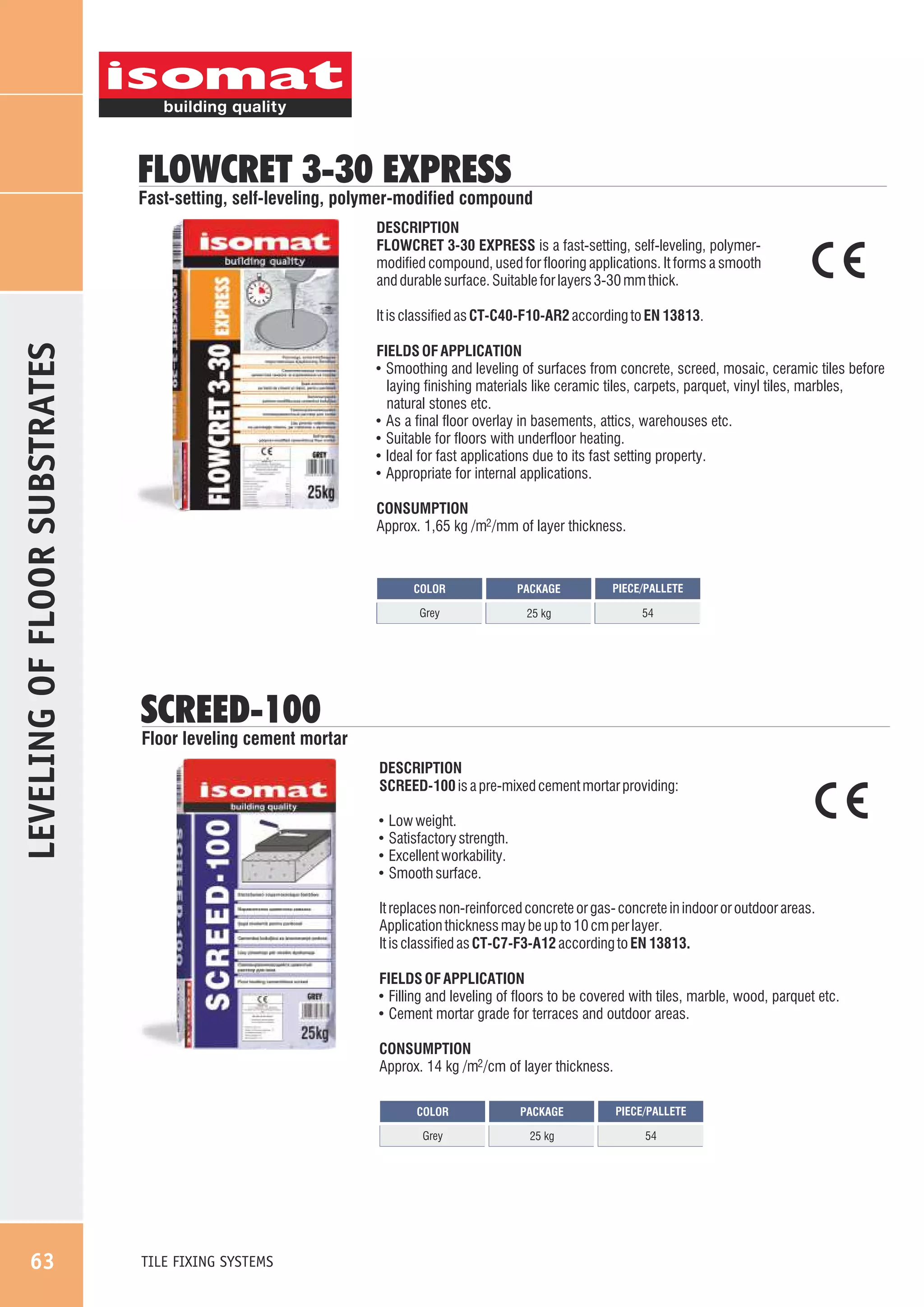 FLOWCRET 3-30 EXPRESS

Fast-setting, self-leveling, polymer-modified compound
DESCRIPTION
FLOWCRET 3-30 EXPRESS is a fast-setting, self-leveling, polymermodified compound, used for flooring applications. It forms a smooth
and durable surface. Suitable for layers 3-30 mm thick.

LEVELING OF FLOOR SUBSTRATES

It is classified as CT-C40-F10-AR2 according to EN 13813.
FIELDS OF APPLICATION
! Smoothing and leveling of surfaces from concrete, screed, mosaic, ceramic tiles before

laying finishing materials like ceramic tiles, carpets, parquet, vinyl tiles, marbles,
natural stones etc.
! As a final floor overlay in basements, attics, warehouses etc.
! Suitable for floors with underfloor heating.
! Ideal for fast applications due to its fast setting property.
! Appropriate for internal applications.
CONSUMPTION
Approx. 1,65 kg /m2 /mm of layer thickness.

COLOR

PACKAGE

PIECE/PALLETE

Grey

25 kg

54

SCREED-100

Floor leveling cement mortar
DESCRIPTION
SCREED-100 is a pre-mixed cement mortar providing:
!
!
!
!

Low weight.
Satisfactory strength.
Excellent workability.
Smooth surface.

It replaces non-reinforced concrete or gas- concrete in indoor or outdoor areas.
Application thickness may be up to 10 cm per layer.
It is classified as CT-C7-F3-A12 according to EN 13813.
FIELDS OF APPLICATION
! Filling and leveling of floors to be covered with tiles, marble, wood, parquet etc.
! Cement mortar grade for terraces and outdoor areas.

CONSUMPTION
Approx. 14 kg /m2 /cm of layer thickness.
COLOR

TILE FIXING SYSTEMS

PIECE/PALLETE

Grey

63

PACKAGE

25 kg

54

 