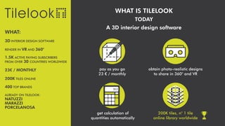 WHAT:
3D INTERIOR DESIGN SOFTWARE
RENDER IN VR AND 360°
1.5K ACTIVE PAYING SUBSCRIBERS
FROM OVER 30 COUNTRIES WORLDWIDE
23€ / MONTHLY
200K TILES ONLINE
400 TOP BRANDS
ALREADY ON TILELOOK:
NATUZZI
MARAZZI
PORCELANOSA
WHAT IS TILELOOK
TODAY
A 3D interior design software
pay as you go
23 € / monthly
get calculation of
quantities automatically
33.3
obtain photo-realistic designs
to share in 360° and VR
200K tiles, n° 1 tile
online library worldwide
 