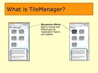What is TileManager? Mouseover effects   Built in mouse over Effects give an “application” feel to you website 