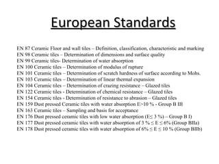 European StandardsEuropean Standards
EN 87 Ceramic Floor and wall tiles – Definition, classification, characteristic and marking
EN 98 Ceramic tiles – Determination of dimensions and surface quality
EN 99 Ceramic tiles- Determination of water absorption
EN 100 Ceramic tiles – Determination of modulus of rupture
EN 101 Ceramic tiles – Determination of scratch hardness of surface according to Mohs.
EN 103 Ceramic tiles – Determination of linear thermal expansion
EN 104 Ceramic tiles – Determination of crazing resistance – Glazed tiles
EN 122 Ceramic tiles - Determination of chemical resistance – Glazed tiles
EN 154 Ceramic tiles - Determination of resistance to abrasion – Glazed tiles
EN 159 Dust pressed Ceramic tiles with water absorption E>10 % - Group B III
EN 163 Ceramic tiles – Sampling and basis for acceptance
EN 176 Dust pressed ceramic tiles with low water absorption (E≤ 3 %) – Group B I)
EN 177 Dust pressed ceramic tiles with water absorption of 3 % ≤ E ≤ 6% (Group BIIa)
EN 178 Dust pressed ceramic tiles with water absorption of 6% ≤ E ≤ 10 % (Group BIIb)
 
