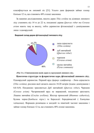 класифікується як липовий ліс [21]. Усього дана формація займає площу
близько 12 га, що становить 48% площі заказника.
За нашими дослідженнями, висота дерев Tilia cordata на ділянках липового
лісу становить від 14 м до 22 м, поодинокі дерева Quercus robur та Cerasus
avium мають таку ж висоту, тобто деревостан фітоасоціації з домінуванням
липи є одноярусний.
«Рис 3.1.» Сіввідношення видів дерев в угрупуванні липового лісу.
Ценотична структура та флористичне ядро, фітоасоціації липового лісу.
Одноярусний деревостан. Перший ярус формує едифікатор – Липа серцелиста
(Tiliа cordata), рослини якої сягають висоти 18-20 метрів (індекс домінування і
0,8–0,9). Поодиноко трапляються Дуб звичайний (Quercus robur), Черешня
(Cerasus avium). Чагарниковий ярус не виражений, поодиноко зростають
Ліщина звичайна (Corylus avellana), Жостер проносний (Rhamnus cathartica),
Бузина чорна (Sambucus nigra ) та Берескле́т борода́вчастий ( Euonymus
verrucosus). Формація розміщена в західній та північній частині заказника і
займає площу близько 12 га, що становить 48% площі заказника.
13
Видовий склад дерев фітоасоціації липового лісу
86%
7%
4% 3% липа серцелиста
(Tiliа cordata)
дуб звичайний
(Quercus robur)
черешня
(Cerasus avium)
груша звичайна
(Pyrus communis)
 