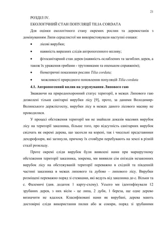 РОЗДІЛ IV.
ЕКОЛОГІЧНИЙ СТАН ПОПУЛЯЦІЇ TILIA CORDATA
Для оцінки екологічного стану окремих рослин та деревостанів з
домінуванням Липи серцелистої ми використовували наступні ознаки:
• лісові вирубки;
• наявність виразних слідів антропогенного впливу;
• фітосанітарний стан дерев (наявність ослаблених та загиблих дерев, а
також їх ураження грибами - трутовиками та опеньком справжнім);
• біометричні показники рослин Tilia cordata;
• можливості природного поновлення популяцій Tilia cordata
4.1. Антропогенний вплив на угрупування Липового гаю
Зважаючи на природоохоронний статус території, в межах Липового гаю
дозволені тільки санітарні вирубки лісу [9], проте, за даними Володимир-
Волинського держлісгоспу, вирубки лісу в межах даного лісового масиву не
проводилися.
У процесі обстеження території ми не знайшли доказів масових вирубок
лісу на території заказника, більше того, про відсутність санітарних вирубок
свідчать як окремі дерева, що засохли на корені, так і чисельні представники
дендрофлори, які загинули, причому їх стовбури перебувають на землі в різній
стадії розкладу.
Проте окремі сліди вирубок були виявлені нами при маршрутному
обстеження території заказника, зокрема, ми виявили сім епізодів незаконних
вирубок лісу на обстежуваній території переважно в східній та південній
частині заказника в межах липового та дубово – липового лісу. Вирубки
розміщені переважно поряд зі стежками, які ведуть від заказника до с. Вільки та
с. Фалемичі (див. додаток 1 карту-схему). Усього ми ідентифікували 12
зрубаних дерев, з них вісім - це липа, 2 дуби, 1 береза, ще одне дерево
визначити не вдалося. Класифіковані нами як вирубані, дерева мають
достовірні сліди використання пилки або ж сокири, поряд зі зрубаними
21
 