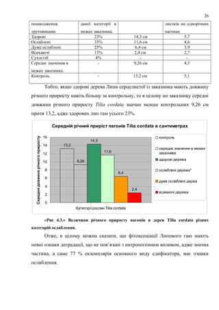 пошкодження
трутовиками.
даної категорії в
межах заказника.
листків на однорічних
пагонах
Здорові 23% 14,3 см 5,7
Ослаблені 35% 11,6 см 4,6
Дуже ослаблені 25% 6,4 см 3,9
Всихаючі 13% 2,4 см 2,7
Сухостій 4% - -
Середнє значення в
межах заказника.
- 9,26 см 4,3
Контроль. - 13,2 см 5,1
Тобто, якщо здорові дерева Липи серцелистої із заказника мають довжину
річного приросту навіть більшу за контрольну, то в цілому по заказнику середні
довжини річного приросту Tilia cordata значно менше контрольних 9,26 см
проти 13,2, адже здорових лип там усього 23%.
Середній річний приріст пагонів Tilia cordatа в сантиметрах
13,2
9,26
14,3
11,6
6,4
2,4
0
2
4
6
8
10
12
14
16
Категорії рослин Tilia cordata
Середнядовжинарічногоприросту
контроль
середнє значення в межах
заказника
здорові дерева
ослаблені дерева"
дуже ослаблені дерва
всихаючі дерева
«Рис 4.3.» Величини річного приросту пагонів в дерев Tilia cordata різних
категорій ослаблення.
Отже, в цілому можна сказати, що фітоасоціації Липового гаю мають
певні ознаки деградації, що не пов’язані з антропогенним впливом, адже значна
частина, а саме 77 % екземплярів основного виду едифікатора, має ознаки
ослаблення.
26
 