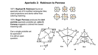 Aperiodic 2: Robinson to Penrose
1971: Raphael M. Robinson found an
aperiodic set of 6 modified rectangular tiles;
used pr...