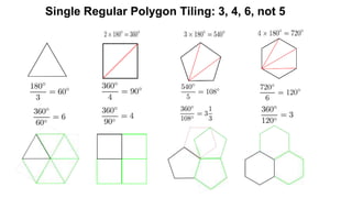 Single Regular Polygon Tiling: 3, 4, 6, not 5
 