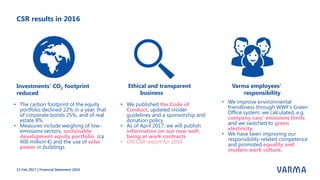 CSR results in 2016
Investments’ CO2 footprint
reduced
• The carbon footprint of the equity
portfolio declined 22% in a year, that
of corporate bonds 25%, and of real
estate 8%
• Measures include weighing of low-
emissions sectors, sustainable
development equity portfolio (ca
400 million €) and the use of solar
power in buildings.
• We published the Code of
Conduct, updated insider
guidelines and a sponsorship and
donation policy
• As of April 2017, we will publish
information on our new well-
being at work contracts
• GRI CSR report for 2016
Ethical and transparent
business
• We improve environmental
friendliness through WWF’s Green
Office system; we calculated, e.g.
company cars’ emissions limits
and we switched to green
electricity.
• We have been improving our
responsibility-related competence
and promoted equality and
modern work culture.
Varma employees’
responsibility
15 Feb 2017 | Financial Statement 2016
 