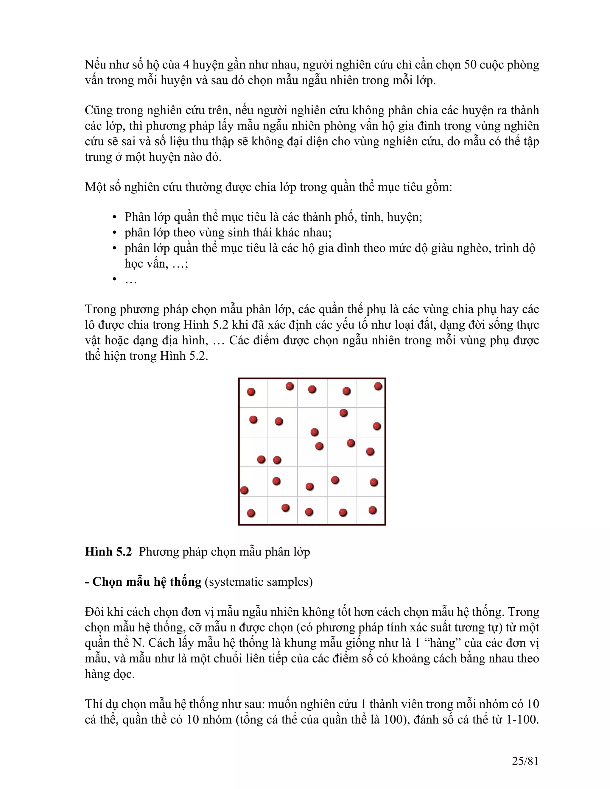 Nếu như số hộ của 4 huyện gần như nhau, người nghiên cứu chỉ cần chọn 50 cuộc phỏng
vấn trong mỗi huyện và sau đó chọn mẫu ngẫu nhiên trong mỗi lớp.
Cũng trong nghiên cứu trên, nếu người nghiên cứu không phân chia các huyện ra thành
các lớp, thì phương pháp lấy mẫu ngẫu nhiên phỏng vấn hộ gia đình trong vùng nghiên
cứu sẽ sai và số liệu thu thập sẽ không đại diện cho vùng nghiên cứu, do mẫu có thể tập
trung ở một huyện nào đó.
Một số nghiên cứu thường được chia lớp trong quần thể mục tiêu gồm:
• Phân lớp quần thể mục tiêu là các thành phố, tỉnh, huyện;
• phân lớp theo vùng sinh thái khác nhau;
• phân lớp quần thể mục tiêu là các hộ gia đình theo mức độ giàu nghèo, trình độ
học vấn, …;
• …
Trong phương pháp chọn mẫu phân lớp, các quần thể phụ là các vùng chia phụ hay các
lô được chia trong Hình 5.2 khi đã xác định các yếu tố như loại đất, dạng đời sống thực
vật hoặc dạng địa hình, … Các điểm được chọn ngẫu nhiên trong mỗi vùng phụ được
thể hiện trong Hình 5.2.
Hình 5.2 Phương pháp chọn mẫu phân lớp
- Chọn mẫu hệ thống (systematic samples)
Đôi khi cách chọn đơn vị mẫu ngẫu nhiên không tốt hơn cách chọn mẫu hệ thống. Trong
chọn mẫu hệ thống, cỡ mẫu n được chọn (có phương pháp tính xác suất tương tự) từ một
quần thể N. Cách lấy mẫu hệ thống là khung mẫu giống như là 1 “hàng” của các đơn vị
mẫu, và mẫu như là một chuổi liên tiếp của các điểm số có khoảng cách bằng nhau theo
hàng dọc.
Thí dụ chọn mẫu hệ thống như sau: muốn nghiên cứu 1 thành viên trong mỗi nhóm có 10
cá thể, quần thể có 10 nhóm (tổng cá thể của quần thể là 100), đánh số cá thể từ 1-100.
25/81
 