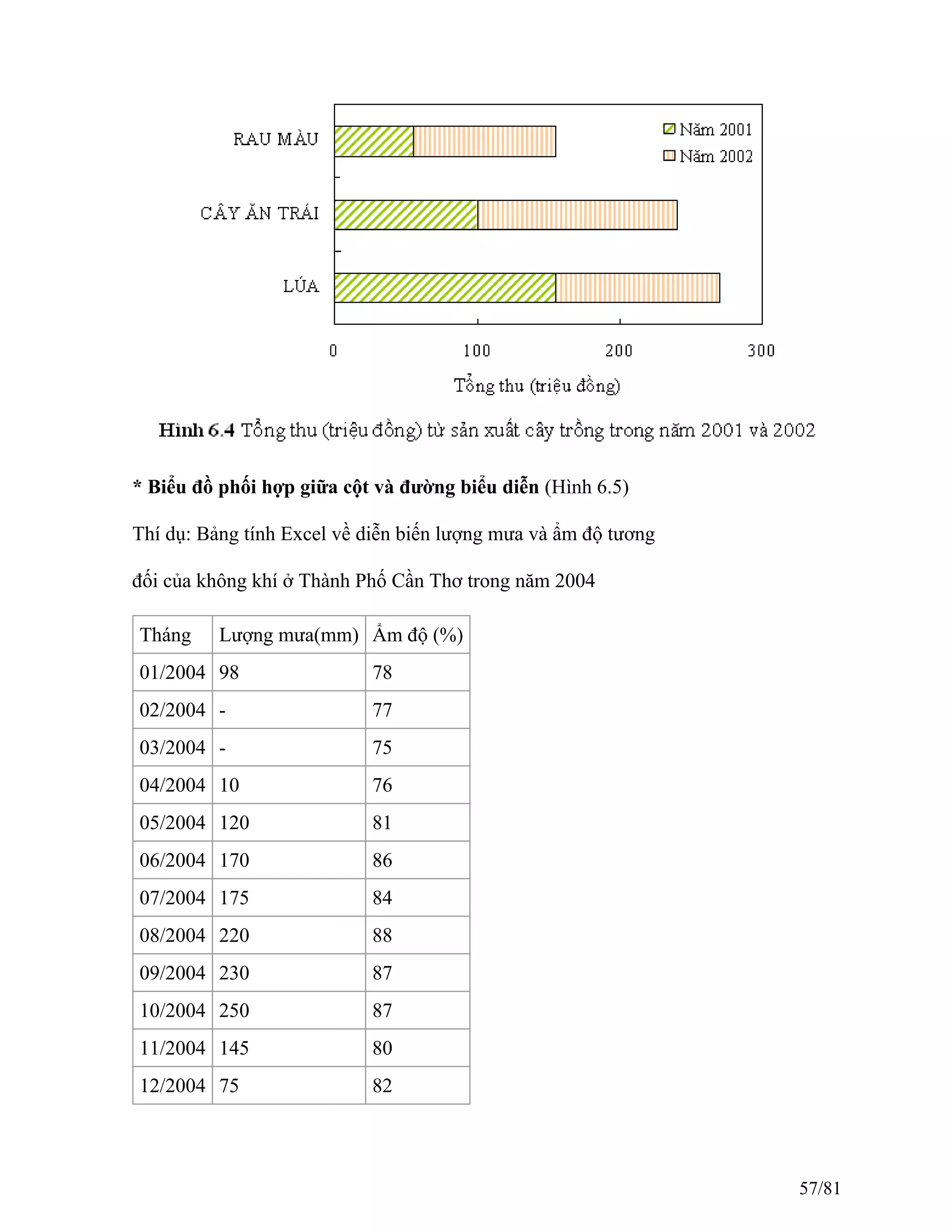 * Biểu đồ phối hợp giữa cột và đường biểu diễn (Hình 6.5)
Thí dụ: Bảng tính Excel về diễn biến lượng mưa và ẩm độ tương
đối của không khí ở Thành Phố Cần Thơ trong năm 2004
Tháng Lượng mưa(mm) Ẩm độ (%)
01/2004 98 78
02/2004 - 77
03/2004 - 75
04/2004 10 76
05/2004 120 81
06/2004 170 86
07/2004 175 84
08/2004 220 88
09/2004 230 87
10/2004 250 87
11/2004 145 80
12/2004 75 82
57/81
 