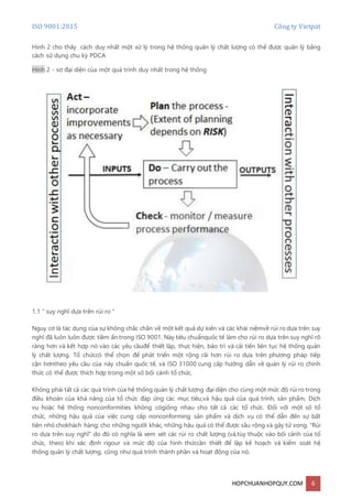 ISO 9001:2015 Công ty Vietpat
HOPCHUANHOPQUY.COM 6
Hình 2 cho thấy cách duy nhất một xử lý trong hệ thống quản lý chất lượng có thể được quản lý bằng
cách sử dụng chu kỳ PDCA
Hình 2 - sơ đại diện của một quá trình duy nhất trong hệ thống
1.1 " suy nghĩ dựa trên rủi ro "
Nguy cơ là tác dụng của sự không chắc chắn về một kết quả dự kiến và các khái niệmvề rủi ro dựa trên suy
nghĩ đã luôn luôn được tiềm ẩn trong ISO 9001. Này tiêu chuẩnquốc tế làm cho rủi ro dựa trên suy nghĩ rõ
ràng hơn và kết hợp nó vào các yêu cầuđể thiết lập, thực hiện, bảo trì và cải tiến liên tục hệ thống quản
lý chất lượng. Tổ chứccó thể chọn để phát triển một rộng rãi hơn rủi ro dựa trên phương pháp tiếp
cận hơntheo yêu cầu của này chuẩn quốc tế, và ISO 31000 cung cấp hướng dẫn về quản lý rủi ro chính
thức có thể được thích hợp trong một số bối cảnh tổ chức.
Không phải tất cả các quá trình của hệ thống quản lý chất lượng đại diện cho cùng một mức độ rủi ro trong
điều khoản của khả năng của tổ chức đáp ứng các mục tiêu,và hậu quả của quá trình, sản phẩm, Dịch
vụ hoặc hệ thống nonconformities không cógiống nhau cho tất cả các tổ chức. Đối với một số tổ
chức, những hậu quả của việc cung cấp nonconforming sản phẩm và dịch vụ có thể dẫn đến sự bất
tiện nhỏ chokhách hàng; cho những người khác, những hậu quả có thể được sâu rộng và gây tử vong. "Rủi
ro dựa trên suy nghĩ" do đó có nghĩa là xem xét các rủi ro chất lượng (và,tùy thuộc vào bối cảnh của tổ
chức, theo) khi xác định rigour và mức độ của hình thứccần thiết để lập kế hoạch và kiểm soát hệ
thống quản lý chất lượng, cũng như quá trình thành phần và hoạt động của nó.
 