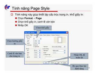 113
Tính năng Page Style
o Tính năng này giúp thiết lập cấu trúc trang in, khổ giấy in:
n Chọn Format → Page
n Chọn khổ giấy in, canh lề văn bản
n Nhấp OK
Chọn khổ giấy
Chọn hướng giấy
in
Canh lề văn bản
cho trang in
Nhấp OK để
hoàn tất
Bỏ qua thao tác
định dạng
 