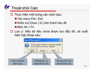 135
Thoát khỏi Calc
o Thực hiện một trong các cách sau:
n Vào menu File  Exit
n Nhấn nút Close ( ) trên thanh tiêu đề
n Bấm Alt + F4
o Lưu ý: Nếu tài liệu chưa được lưu đầy đủ, sẽ xuất
hiện hộp thoại sau:
Lưu và thoát
khỏi Calc
Không lưu và
thoát khỏi Calc
Bỏ qua thao tác
thoát khỏi Calc
 