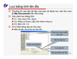 138
Lưu bảng tính lên đĩa
o Thường thì các tệp tài liệu của bạn sẽ được lưu vào thư mục
C:My Documents trên đĩa cứng
o Các cách lưu bảng tính:
n C1. Vào menu File  Save
n C2. Nhấp nút Save ( ) trên thanh công cụ
n C3. Bấm Ctrl + S
o Có 2 khả năng xảy ra như sau:
n Nếu tài liệu chưa tồn tại trên đĩa:
Chọn thư mục muốn
lưu vào
Đặt tên tập tin
Chọn loại tập tin
Lưu tập tin
Bỏ qua thao tác lưu
 