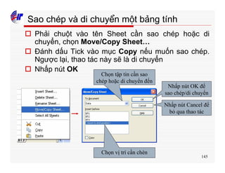 145
Sao chép và di chuyển một bảng tính
o Phải chuột vào tên Sheet cần sao chép hoặc di
chuyển, chọn Move/Copy Sheet…
o Đánh dấu Tick vào mục Copy nếu muốn sao chép.
Ngược lại, thao tác này sẽ là di chuyển
o Nhấp nút OK
Chọn tập tin cần sao
chép hoặc di chuyển đến
Chọn vị trí cần chèn
Nhấp nút OK để
sao chép/di chuyển
Nhấp nút Cancel để
bỏ qua thao tác
 