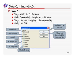 170
Xóa ô, hàng và cột
o Xóa ô:
n Chọn khối các ô cần xóa
n Nhấn Delete hộp thoại sau xuất hiện
n Chọn các nội dung bạn cần xóa ở đây
n Nhấp nút OK
Xóa tất cả
Xóa văn bản
Xóa số
Xóa ngày giờ
Xóa công thức
Xóa định dạng
Nhấp nút OK
để xóa
Nhấp nút
Cancel để bỏ
qua thao tác
 