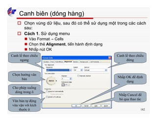 182
Canh biên (dóng hàng)
o Chọn vùng dữ liệu, sau đó có thể sử dụng một trong các cách
sau:
o Cách 1. Sử dụng menu
n Vào Format → Cells
n Chọn thẻ Alignment, tiến hành định dạng
n Nhấp nút OK
Canh lề theo chiều
ngang
Canh lề theo chiều
đứng
Chọn hướng văn
bản
Cho phép xuống
dòng trong ô
Văn bản tự động
vừa vặn với kích
thước ô
Nhấp OK để định
dạng
Nhấp Cancel để
bỏ qua thao tác
 