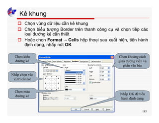 185
Kẻ khung
o Chọn vùng dữ liệu cần kẻ khung
o Chọn biểu tượng Border trên thanh công cụ và chọn tiếp các
loại đường kẻ cần thiết
o Hoặc chọn Format → Cells hộp thoại sau xuất hiện, tiến hành
định dạng, nhấp nút OK
Chọn kiểu
đường kẻ
Chọn màu
đường kẻ
Nhấp chọn vào
vị trí cần kẻ
Chọn khoảng cách
giữa đường viền và
phần văn bản
Nhấp OK để tiến
hành định dạng
 
