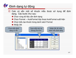 187
Định dạng tự động
o Calc có sẵn một số khuôn mẫu được sử dụng để định
dạng. Các bước như sau:
n Chọn vùng dữ liệu cần định dạng
n Chọn Format → AutoFormat hộp thoại AutoFormat xuất hiện
n Chọn kiểu tạo khuôn trong danh sách Format
n Nhấp OK
Chọn mẫu định
dạng có sẵn
Xem mẫu này tại
khung Preview
Nhấp OK để chấp
nhận mẫu định dạng
 
