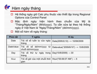 204
Hàm ngày tháng
o Hệ thống ngày giờ Calc phụ thuộc vào thiết lập trong Regional
Options của Control Panel
o Mặc định ngày hiện hành theo chuẩn của Mỹ là
“Tháng/Ngày/Năm” (M/d/yyyy). Ta cần sửa lại theo hệ thống
ngày ở Việt Nam là “Ngày/Tháng/Năm” (dd/mm/yyyy).
o Một số hàm về ngày tháng:
Hour(“05:06:07 AM”) → 5Trả về giờ của một chuỗi thời
gian
Hour
Day(10/8/2009) → 30Trả về thứ tự ngày trong
tháng
Day
Datevalue(“2009/8/10”) → 10/8/2009Trả về số dd/mm/yyyy từ
chuỗi dd/mm/yyyy
DateValue
Date(2009;8;10) → 10/08/2009Trả về số tuần tự của ngày
tháng
Date
Ví dụÝ nghĩaPhím tắt
 
