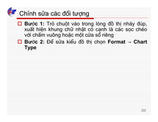 222
Chỉnh sửa các đối tượng
o Bước 1: Trỏ chuột vào trong lòng đồ thị nháy đúp,
xuất hiện khung chữ nhật có cạnh là các sọc chéo
với chấm vuông hoặc một cửa sổ riêng
o Bước 2: Để sửa kiểu đồ thị chọn Format → Chart
Type
 