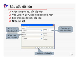 227
Sắp xếp dữ liệu
o Chọn vùng dữ liệu cần sắp xếp
o Vào Data à Sort, hộp thoại sau xuất hiện
o Lựa chọn các tiêu chí sắp xếp
o Nhấp nút OK
Chọn khóa
sắp xếp chính
Chọn sắp xếp
tăng hoặc giảm
Chọn khóa
sắp xếp phụ
Nhấp OK để sắp xếp
 