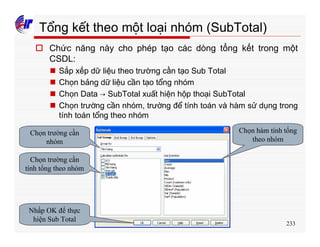 233
Tổng kết theo một loại nhóm (SubTotal)
o Chức năng này cho phép tạo các dòng tổng kết trong một
CSDL:
n Sắp xếp dữ liệu theo trường cần tạo Sub Total
n Chọn bảng dữ liệu cần tạo tổng nhóm
n Chọn Data → SubTotal xuất hiện hộp thoại SubTotal
n Chọn trường cần nhóm, trường để tính toán và hàm sử dụng trong
tính toán tổng theo nhóm
Chọn trường cần
nhóm
Chọn trường cần
tính tổng theo nhóm
Chọn hàm tính tổng
theo nhóm
Nhấp OK để thực
hiện Sub Total
 