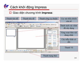 244
Cách khởi động Impress
o Giao diện chương trình Impress:
Thanh tiêu đề Thanh tiêu đề Thanh công cụ chuẩn Các nút điều khiển
cửa sổ
Danh sách các slide
đã xây dựng
Vùng soạn thảo nội
dung slide
Các mẫu slide có
sẵn
Thanh Vẽ
Thanh trạng thái
 