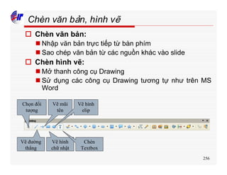 256
Chèn văn bản, hình vẽ
o Chèn văn bản:
n Nhập văn bản trực tiếp từ bàn phím
n Sao chép văn bản từ các nguồn khác vào slide
o Chèn hình vẽ:
n Mở thanh công cụ Drawing
n Sử dụng các công cụ Drawing tương tự như trên MS
Word
Chọn đối
tượng
Vẽ đường
thẳng
Vẽ mũi
tên
Vẽ hình
chữ nhật
Vẽ hình
elip
Chèn
Textbox
 